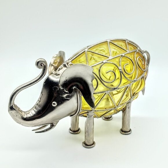 Vintage Golden Amber Glass Silver Metal Caged Elephant - Picture 2 of 10